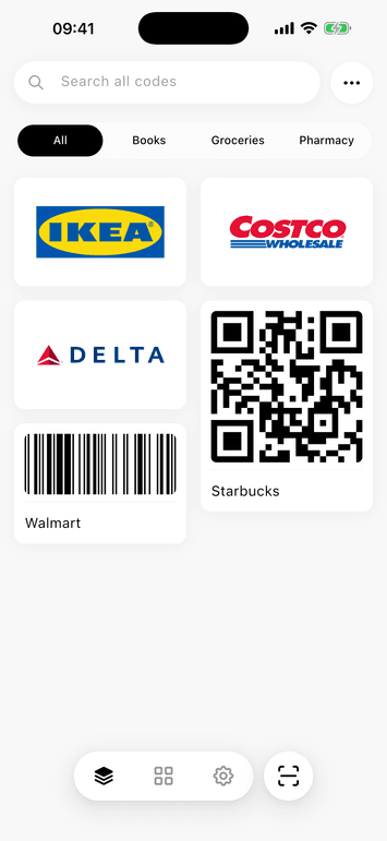 ScanKeeper loyalty card wallet showing organized barcode and QR cards