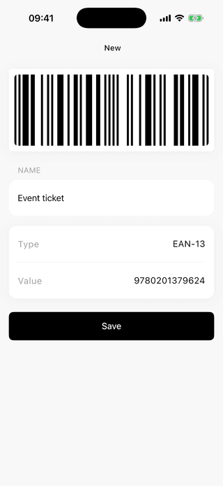 New barcode form showing a detected EAN-13 value and a card name