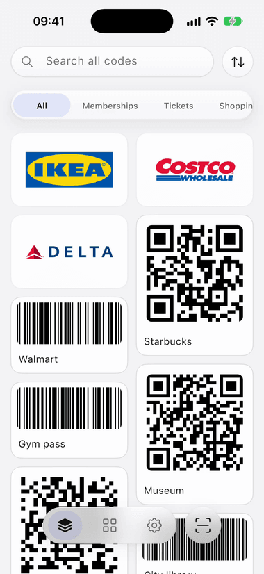 ScanKeeper loyalty card wallet showing organized barcode and QR cards