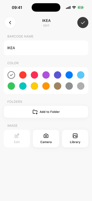 ScanKeeper card editor with name, color, folder, and image options