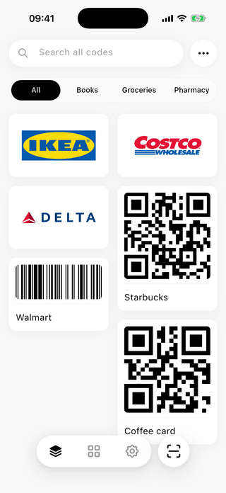 ScanKeeper card library with the scanner button at the bottom
