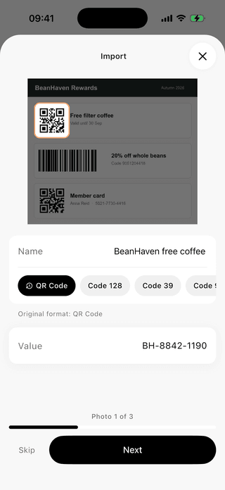 ScanKeeper naming the first of three codes found in one photo of a coupon sheet, with that code highlighted and the rest of the picture dimmed