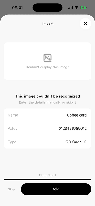 ScanKeeper import form filled with a card name and code value
