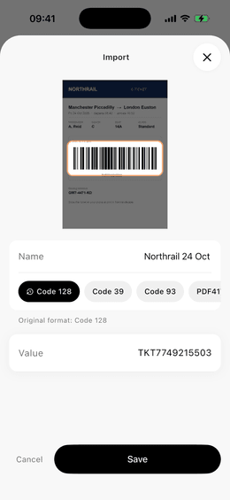 ScanKeeper showing the barcode it found on the page of a PDF train ticket