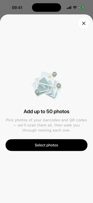ScanKeeper bulk import screen ready to select up to 50 photos