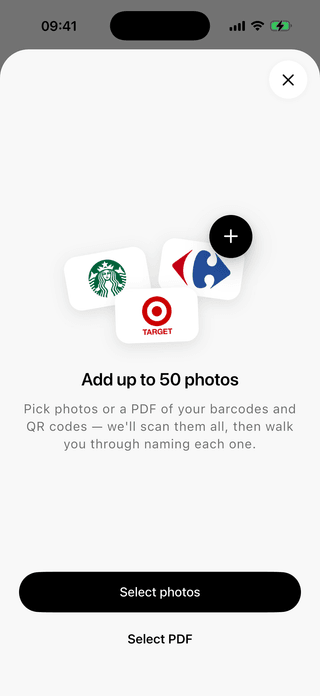 ScanKeeper bulk import screen offering to select photos or a PDF