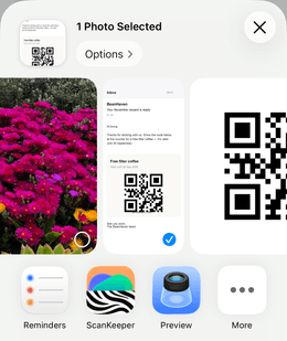 The iOS share sheet open over a screenshot of a coupon email, with ScanKeeper among the apps offered